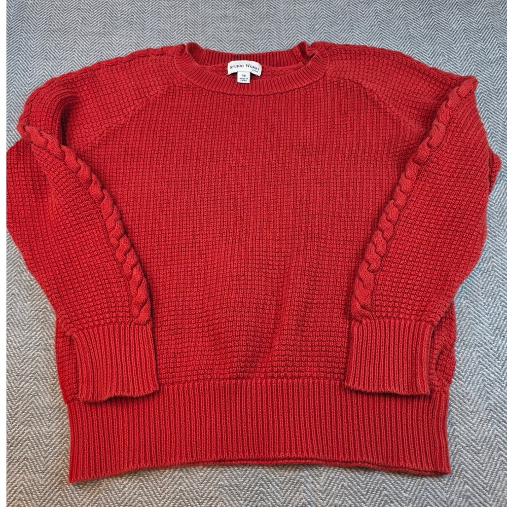 Studio Works Petite Red 100% Cotton Waffle Cable Knit Crewneck Sweater PM